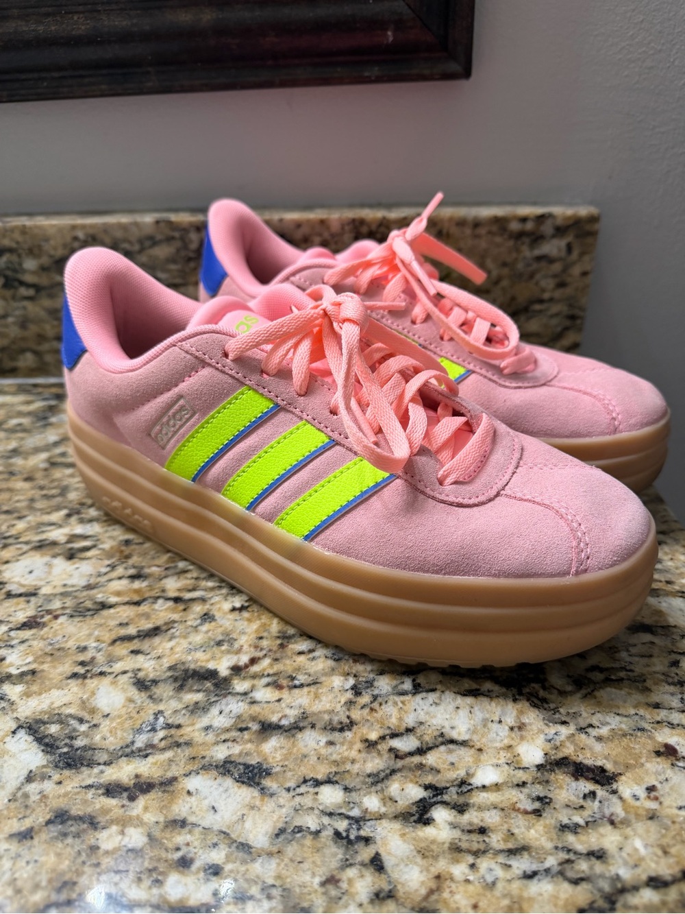 adidas VL Court Bold Platform Sneakers with Neon Yellow Stripes and Blue Heel